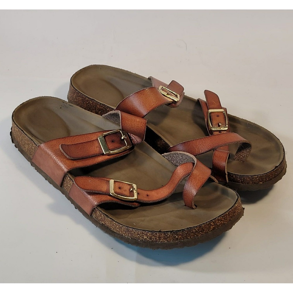 Madden Girl Copper Brown Leather Buckle Slide Sandals